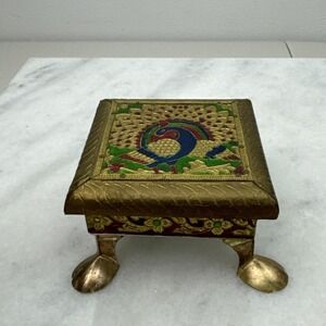 Indian Meenakari Wooden Chowki/Puja Bajot Covered Metal Sheet Stool Stand 4"